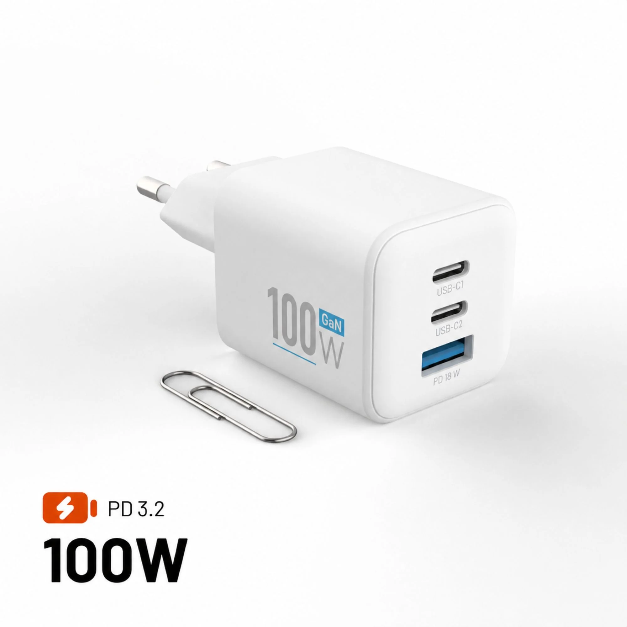 Fixed GaN Network Charger Mini with 2xUSB-C and USB output, PD support, 100 W, white - FIXCG100M-2C1A-WH