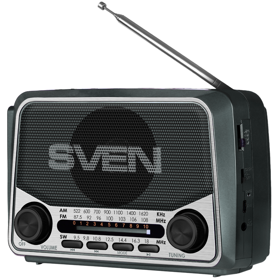 Speaker SVEN SRP-150, gray (3W, Bluetooth, FM/AM/SW, USB, microSD, flashlight, battery)