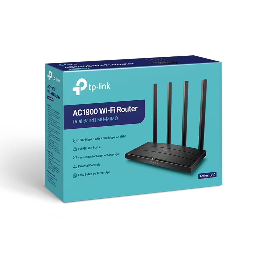 TP-LINK - AC1900 Wireless MU-MIMO Wi-Fi 5 Router - Archer C80 - 802.11ac - 1300+600 Mbit/s - 10/100/1000 Mbit/s - Mesh Support No - MU-MiMO Yes - No mobile broadband - Antenna type 4xFixed