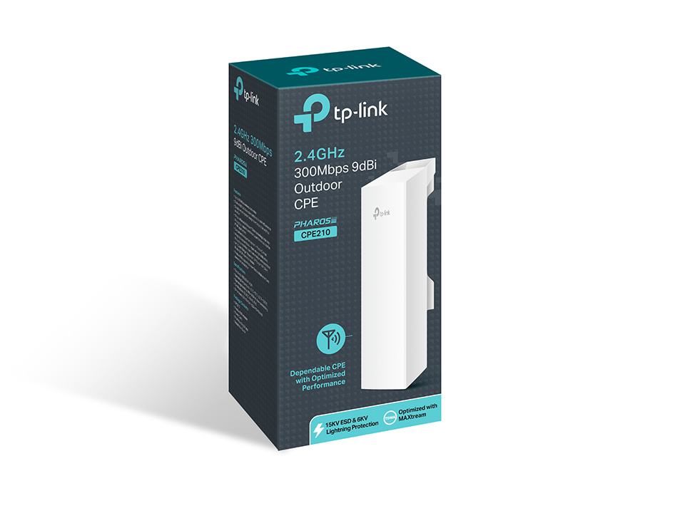 TP-LINK - 2.4GHz 300Mbps 9dBi Outdoor CPE - CPE210 - 802.11n - 300 Mbit/s - 10/100 Mbit/s - Mesh Support No - MU-MiMO Yes - No mobile broadband - Antenna type 1xInternal