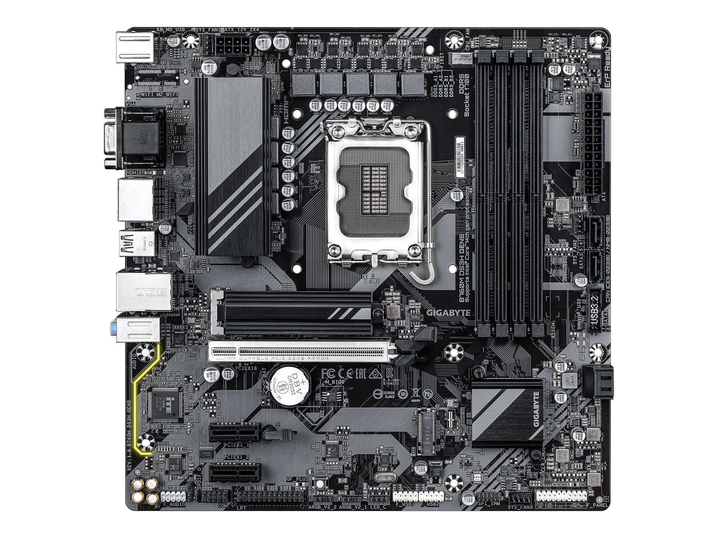 Gigabyte B760M DS3H GEN5 - Processor family Intel - Processor socket LGA1700 - Supported hard disk drive interfaces SATA, M.2 - Number of SATA connectors 4