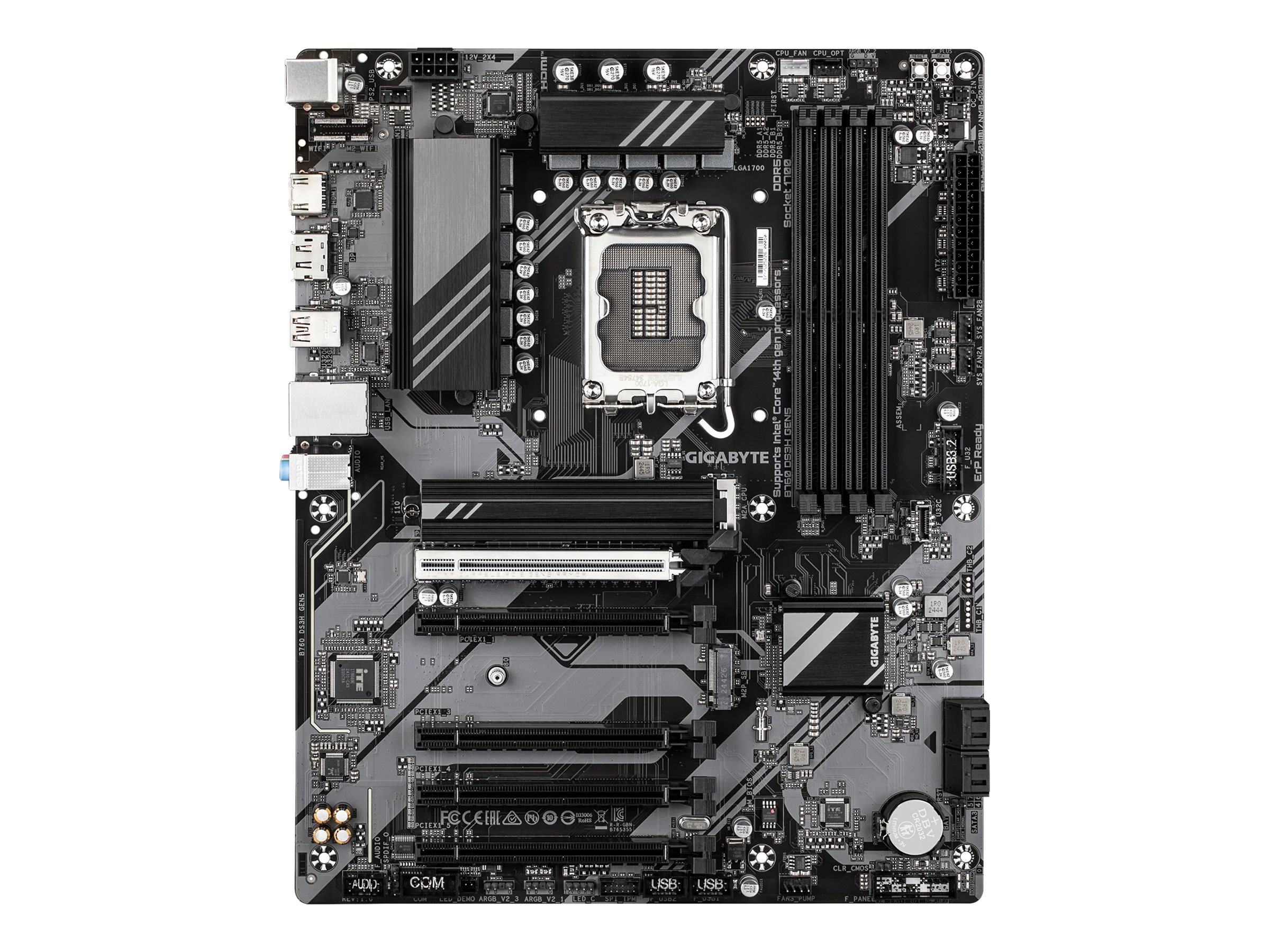 Gigabyte B760 DS3H GEN5 - Processor family Intel - Processor socket LGA1700 - DDR5 - Supported hard disk drive interfaces M.2, SATA - Number of SATA connectors 4