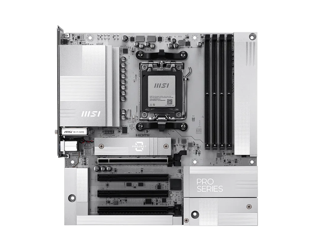 MSI PRO B850M-A WIFI PZ - Processor family AMD - Processor socket AM5 - DDR5 - Supported hard disk drive interfaces SATA, M.2 - Number of SATA connectors 4