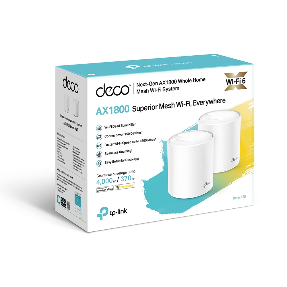 TP-LINK - AX1800 Whole Home Mesh Wi-Fi 6 System - Deco X20 (2-pack) - 802.11ax - 1201+574 Mbit/s - 10/100/1000 Mbit/s - Mesh Support Yes - MU-MiMO Yes - No mobile broadband - Antenna type 4xInternal per Deco uni