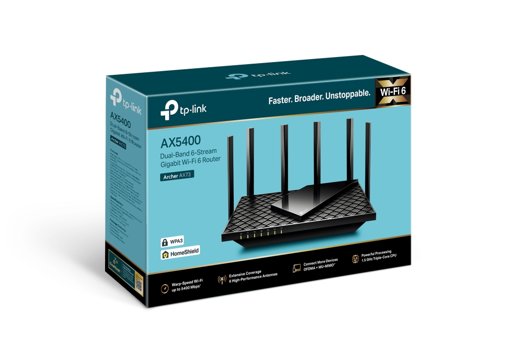 TP-LINK - Archer AX73 - 802.11ax - 4804+574 Mbit/s - 10/100/1000 Mbit/s - Mesh Support No - MU-MiMO Yes - No mobile broadband - Antenna type 6xExternal - 1× USB 3.0
