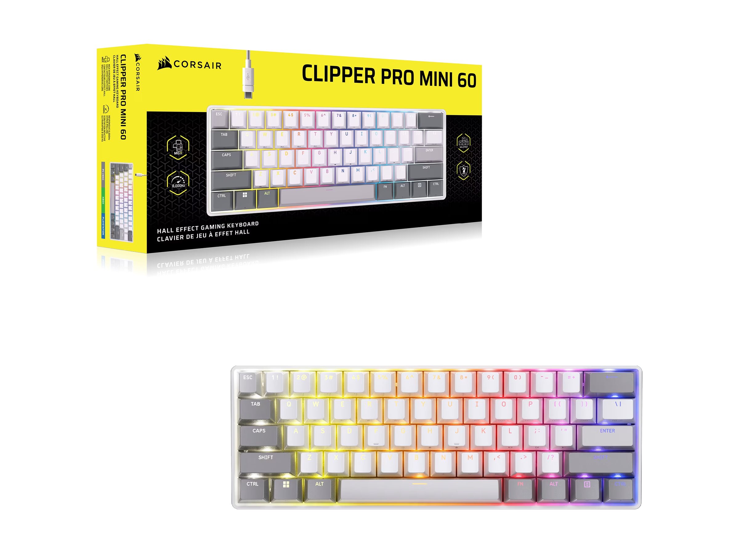 CORSAIR CLIPPER PRO MINI 60 Hall Effect Gaming Keyboard, Backlit RGB LED, CORSAIR MGX Core, White , PBT DS Keycaps - Corsair