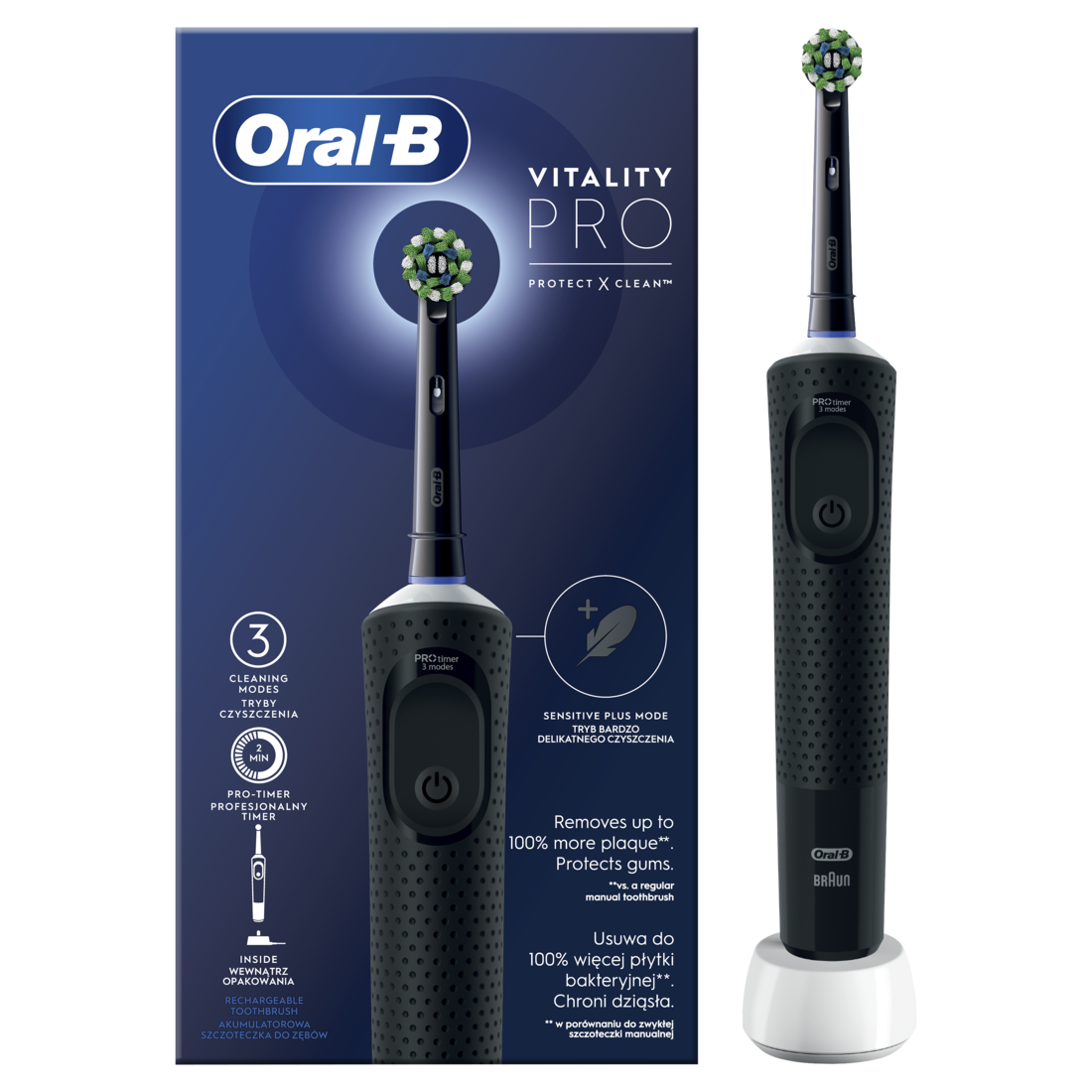 Oral-B - Electric Toothbrush - D103 Vitality Pro - Rechargeable - For adults - Number of brush heads included 1 - Number of teeth brushing modes 3 - Black