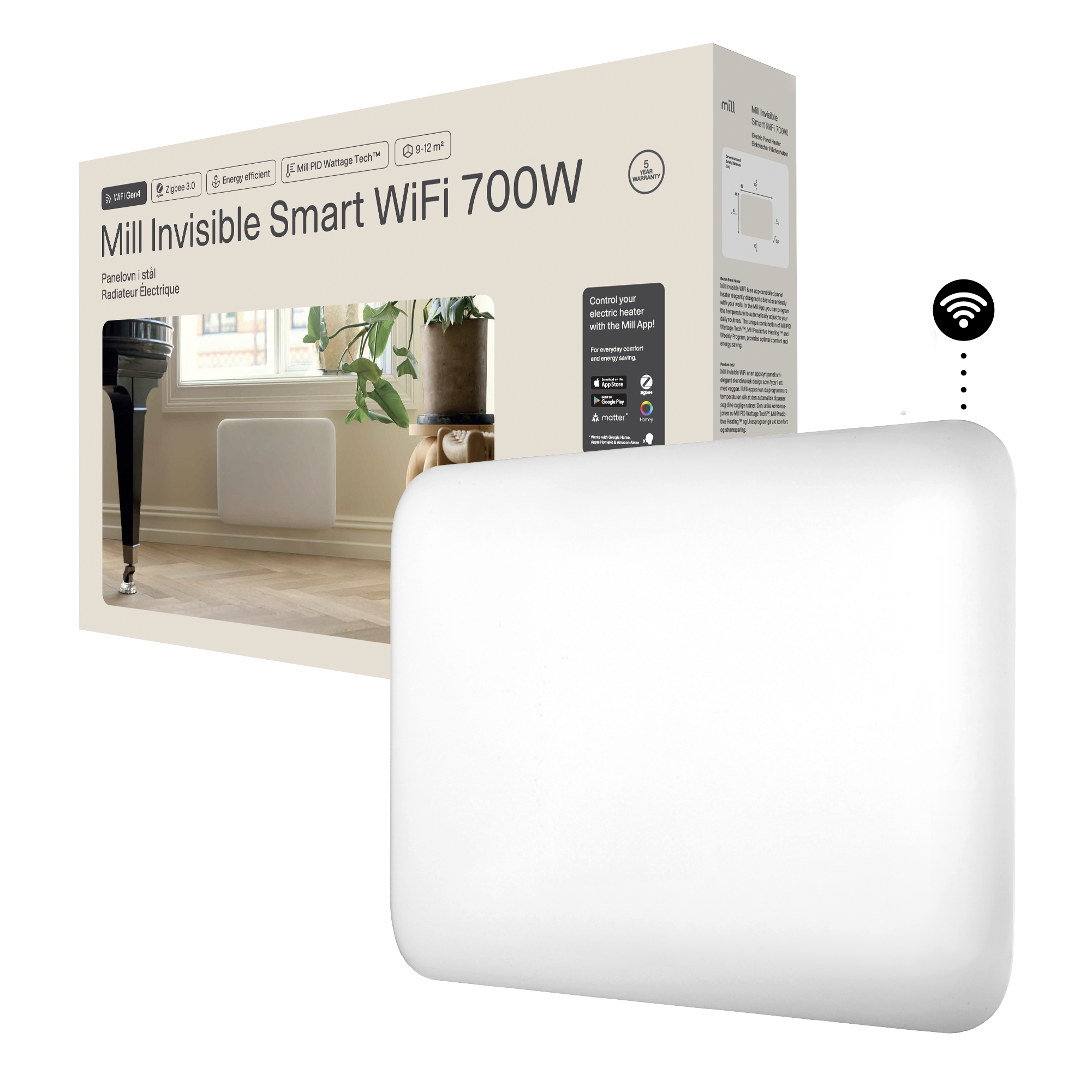 Mill Invisible Smart WiFi Heater - PA700WIFI4 - Panel Heater - 700 W - Suitable for rooms up to 9-12 m² - White - IPX4