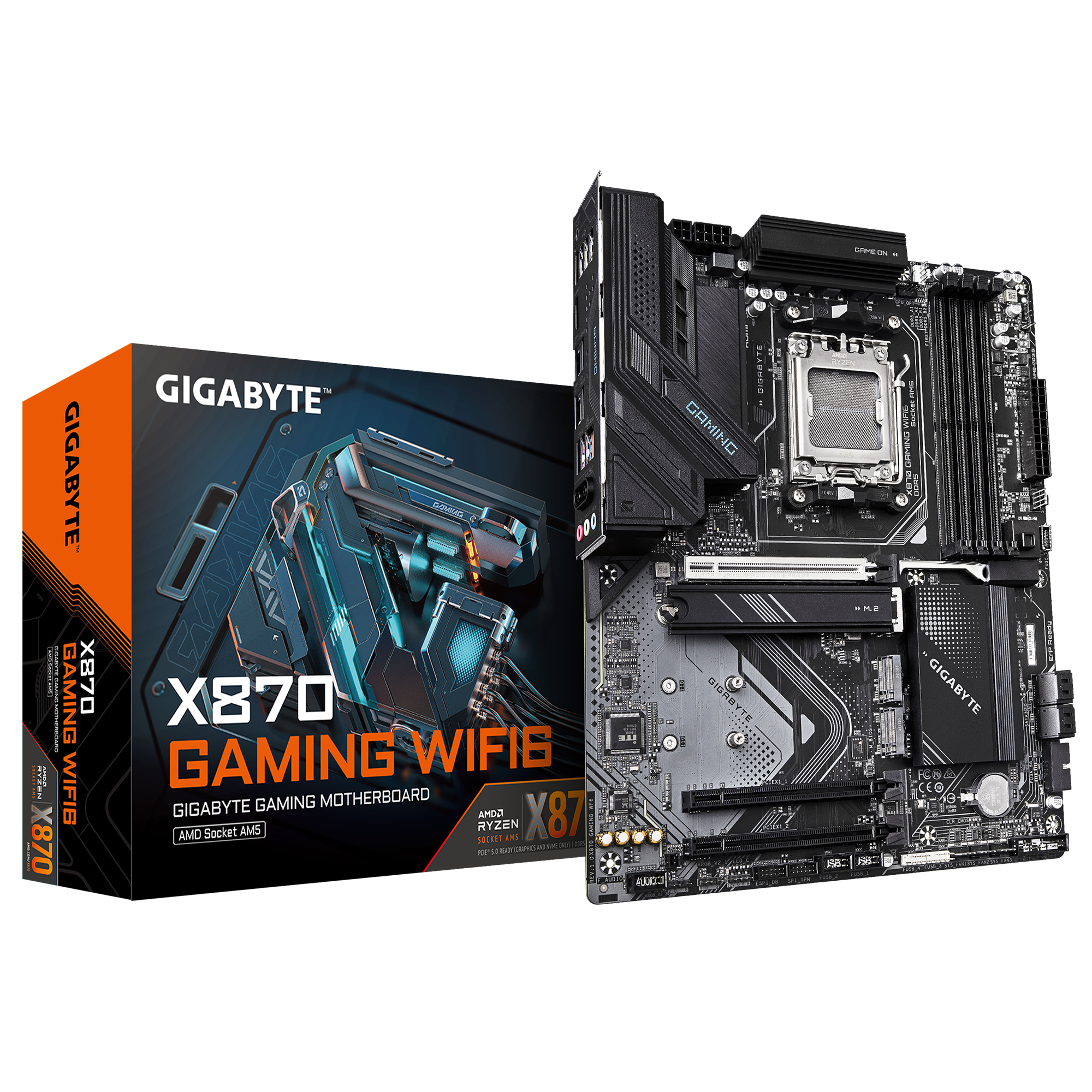 Gigabyte X870 GAMING WF6 - Processor family AMD - Processor socket AM5 - DDR5 - Supported hard disk drive interfaces M.2, SATA - Number of SATA connectors 4