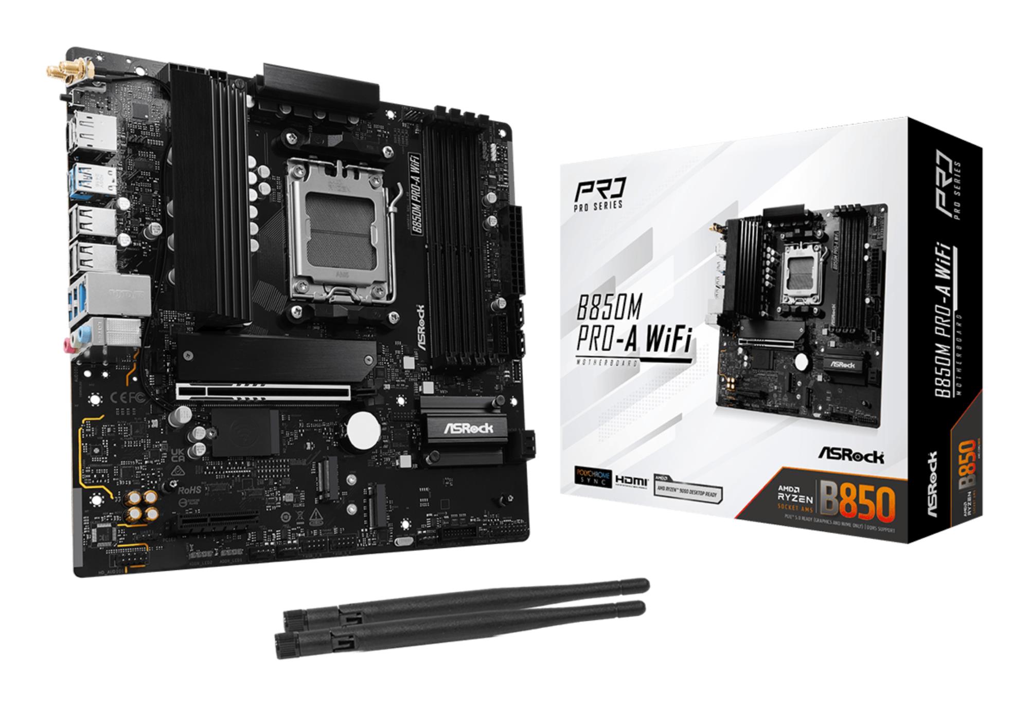 Mainboard|ASROCK|1xPCI-Express 4.0 4x	|1xPCI-Express 5.0 16x|1xM.2|1xHDMI|1xDisplayPort|1xAudio-In|1xAudio-Out|1xMicrophone|4xUSB 2.0|3xUSB 3.2|1xUSB-C|1xRJ45|B850MPRO-AWIFI