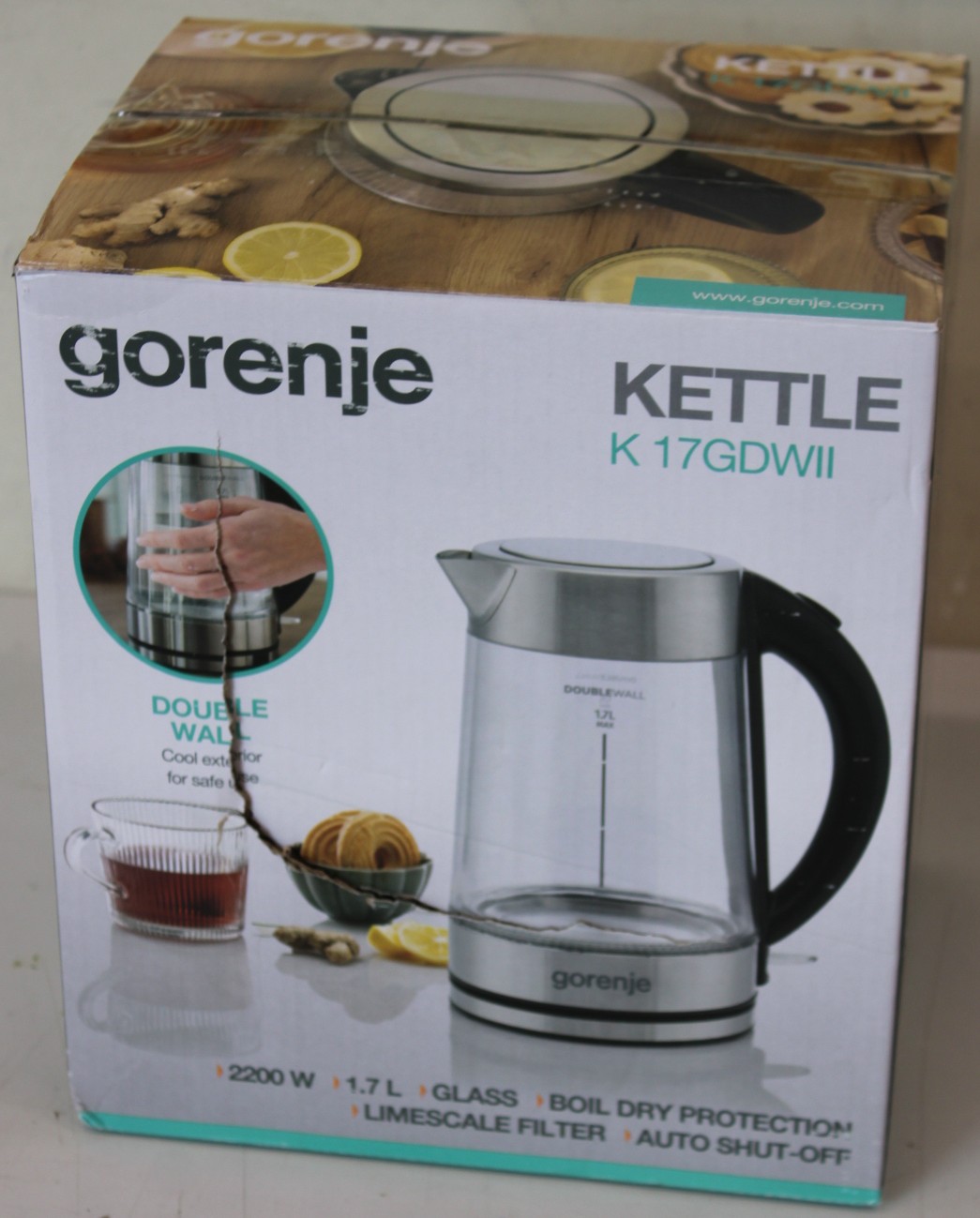 SALE OUT. Gorenje K17GDWII Kettle, Electric, Capacity 1.7 L, Power 2200 W, Stainless steel - SALE OUT. - Gorenje Kettle - K17GDWII - 2200 W - Electric - 1.7 L - 360° rotational base - Stainless steel/Glass - Stainless steel/Transparent - DAMAGED PACKAGING