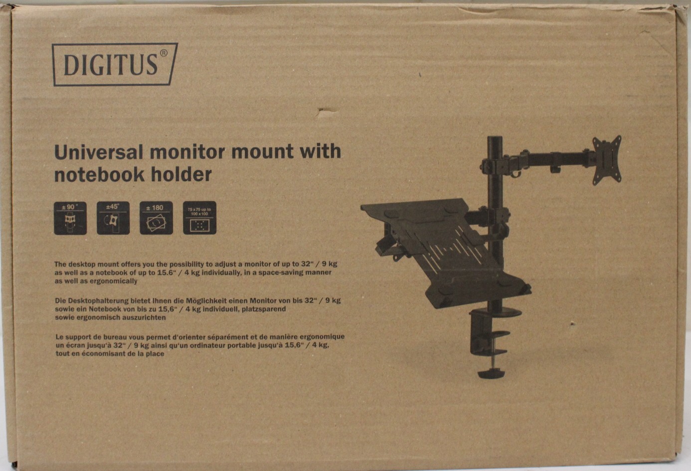 SALE OUT. DIGITUS Universal Monitor Mount with Notebook Holder - Digitus Desk Mount - DA-90436 - Tilt, swivel, height adjustment, rotate - Maximum weight (capacity) 9 kg - DAMAGED PACKAGING, SCRATCHED - Black