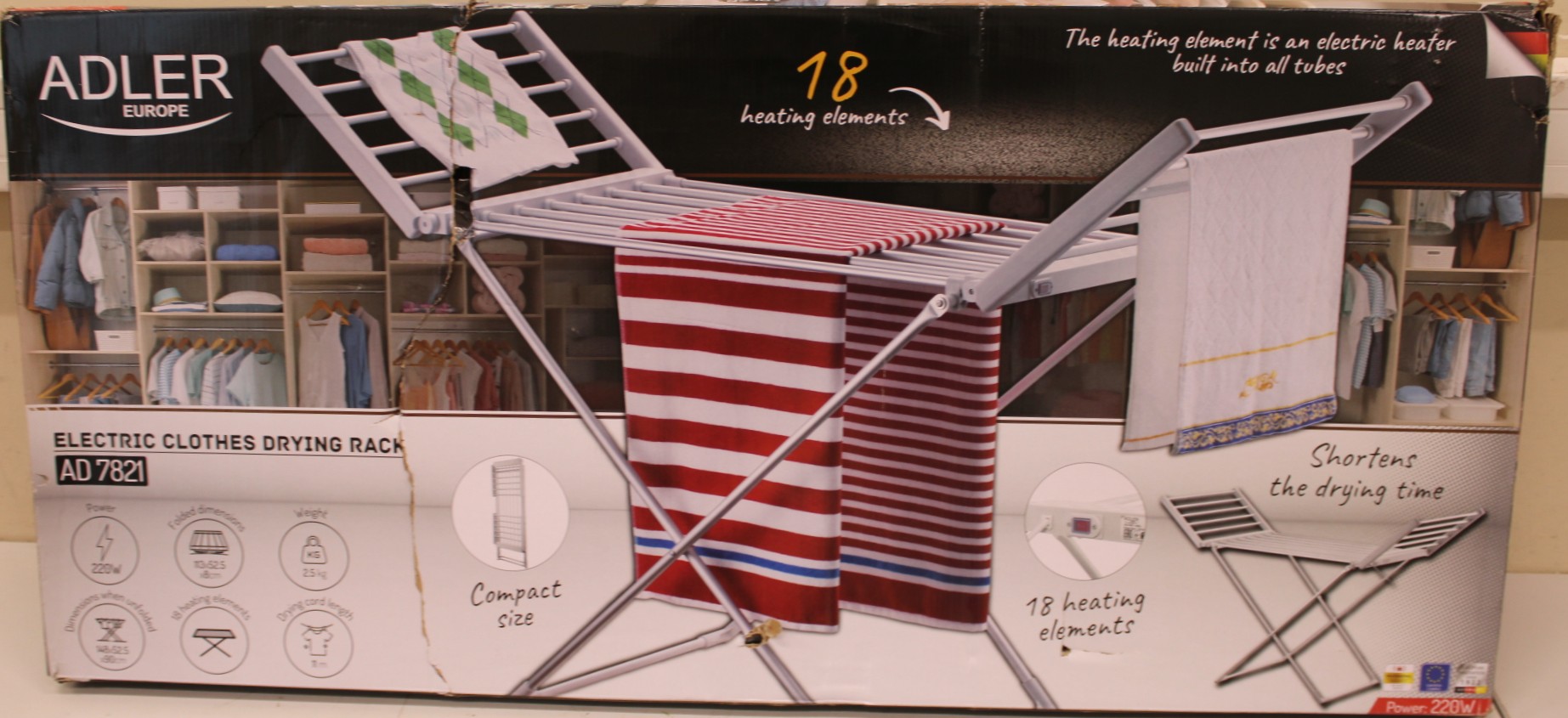 SALE OUT. - Adler Foldable electric clothes drying rack - AD 7821 - 220 W - Silver/White - DAMAGED PACKAGING