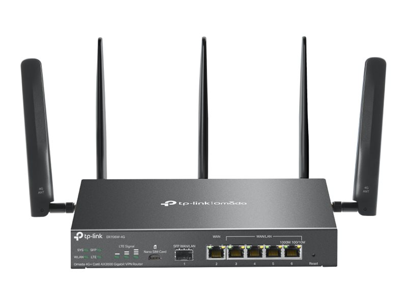 TP-LINK - Omada 4G+ Cat6 AX3000 Gigabit VPN Router - ER706W-4G - 802.1q - 10/100/1000 Mbit/s - Mesh Support Yes - MU-MiMO Yes - Antenna type Detachable - 60 month(s)