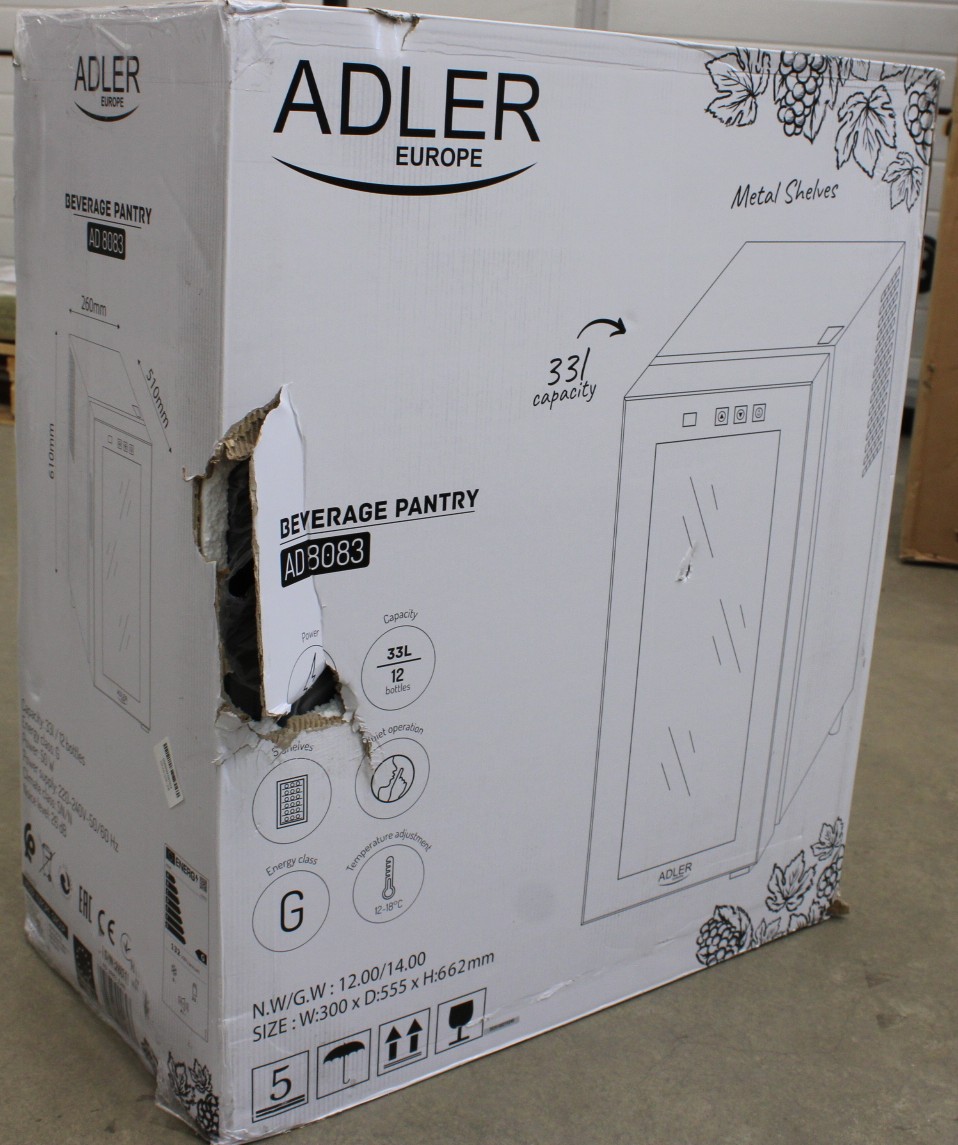 SALE OUT. Adler - Beverage Pantry - AD 8083 - Energy efficiency class G - Free standing - Bottles capacity 12 - Black - DAMAGED PACKAGING, SCRATCHED DOOR AND THE RIGHT SIDE