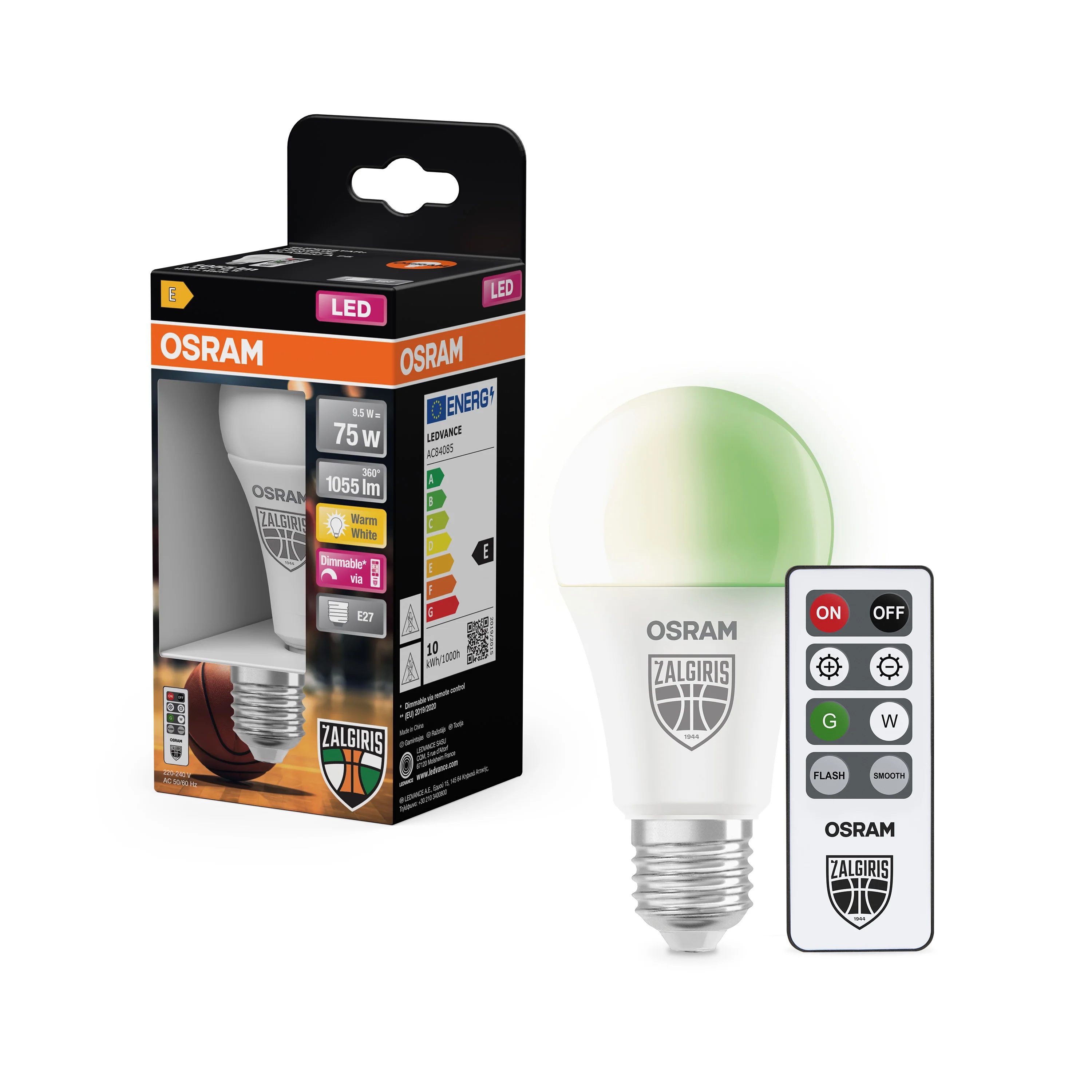 Osram Žalgiris Edition E27 1055lm LED Lamp with Remote - E27 - 9.5 W - 2700K warm white, green