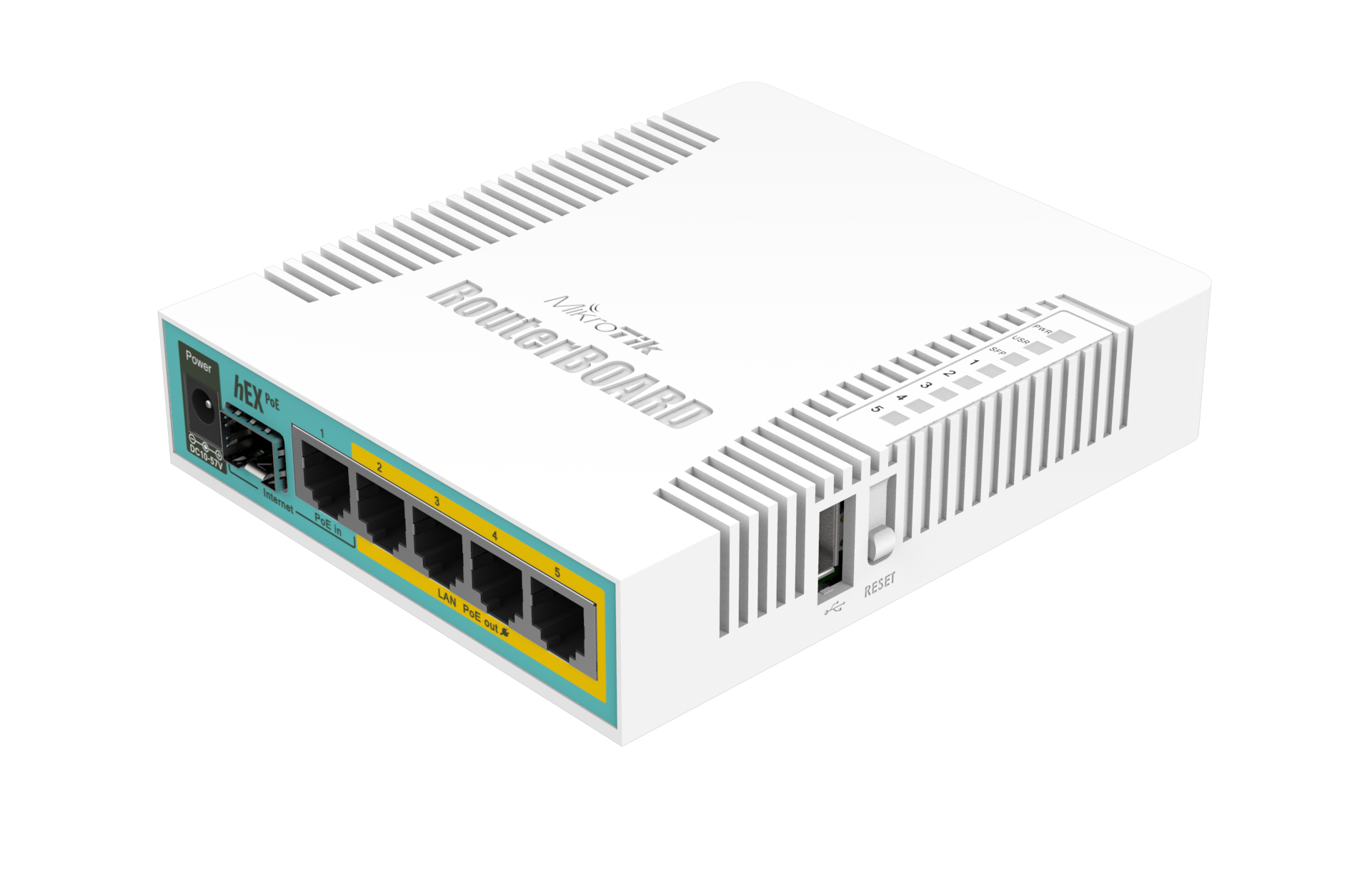 Mikrotik Wired Ethernet Router RB960PGS, hEX PoE, CPU 800MHz, 128MB RAM, 16MB, 1xSFP, 5xGigabit LAN, 1xUSB, Power Output On ports 2-5, Ourput: 1A max per port; 2A max total, RouterOS L4 - MikroTik - hEX PoE Router - RB960PGS - No Wi-Fi - 10/100/1000 Mbit/