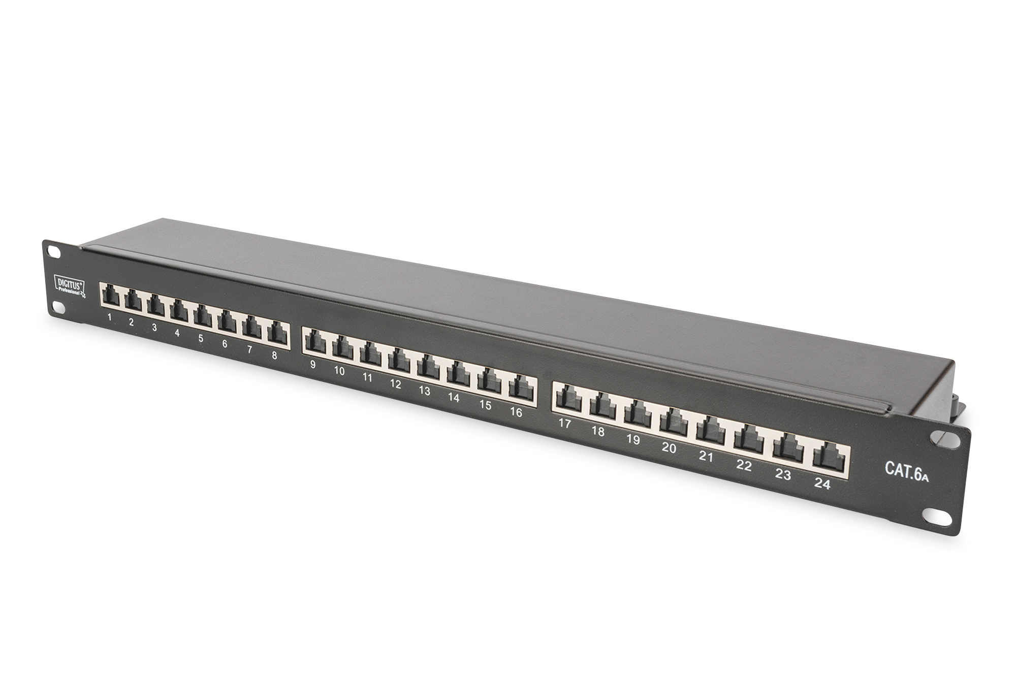CAT 6A - Patch Panel - RJ45, 8P8C - Suitable for 483 mm (19") cabinet mounting; Transmission properties: Category 6A, Class EA; Area of application: Up to 500 MHz, 10GBase-T; Size:482.6 x 44 x 109mm - RJ45 shielding (Tinned bronze)