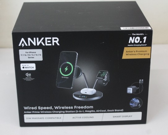 SALE OUT. Anker Prime Wireless Charging Station Qi2.2  25W wireles charging  (3-in-1, MagGo, AirCool, Dock Stand) PSU added - UNPACKED, SCRACHED ON SCREEN