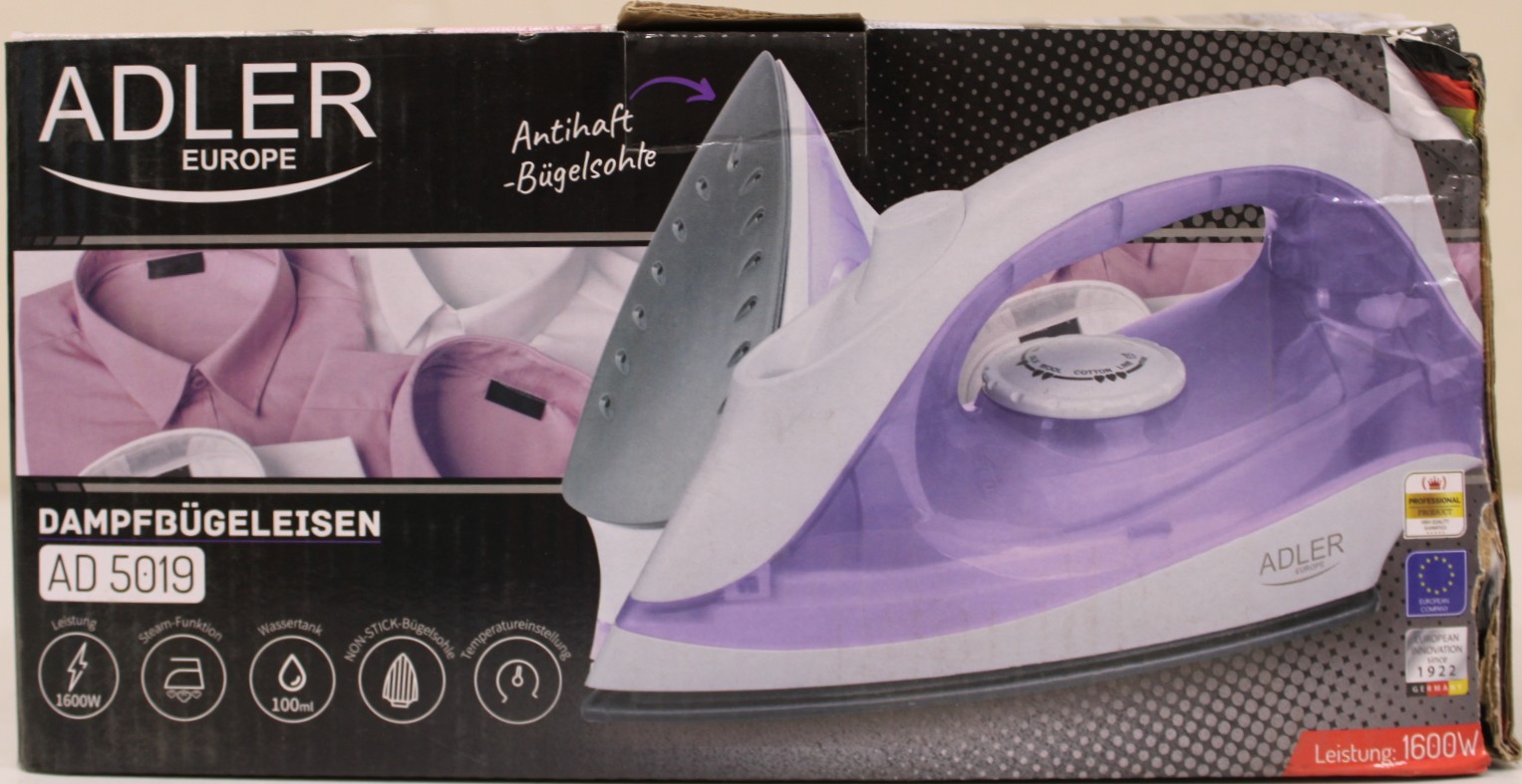 SALE OUT. Adler AD 5019 Steam iron, Temperature control, Power 1600W - Adler - AD 5019 - With cord - 1600 W - Water tank capacity 100 ml - Continuous steam 10 g/min - Violet/White - DAMAGED PACKAGING