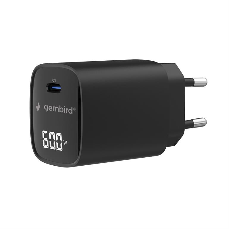 Gembird 60W USB Type-C fast charger, LCD - TA-UC-1C-PD60LCD-01-BK