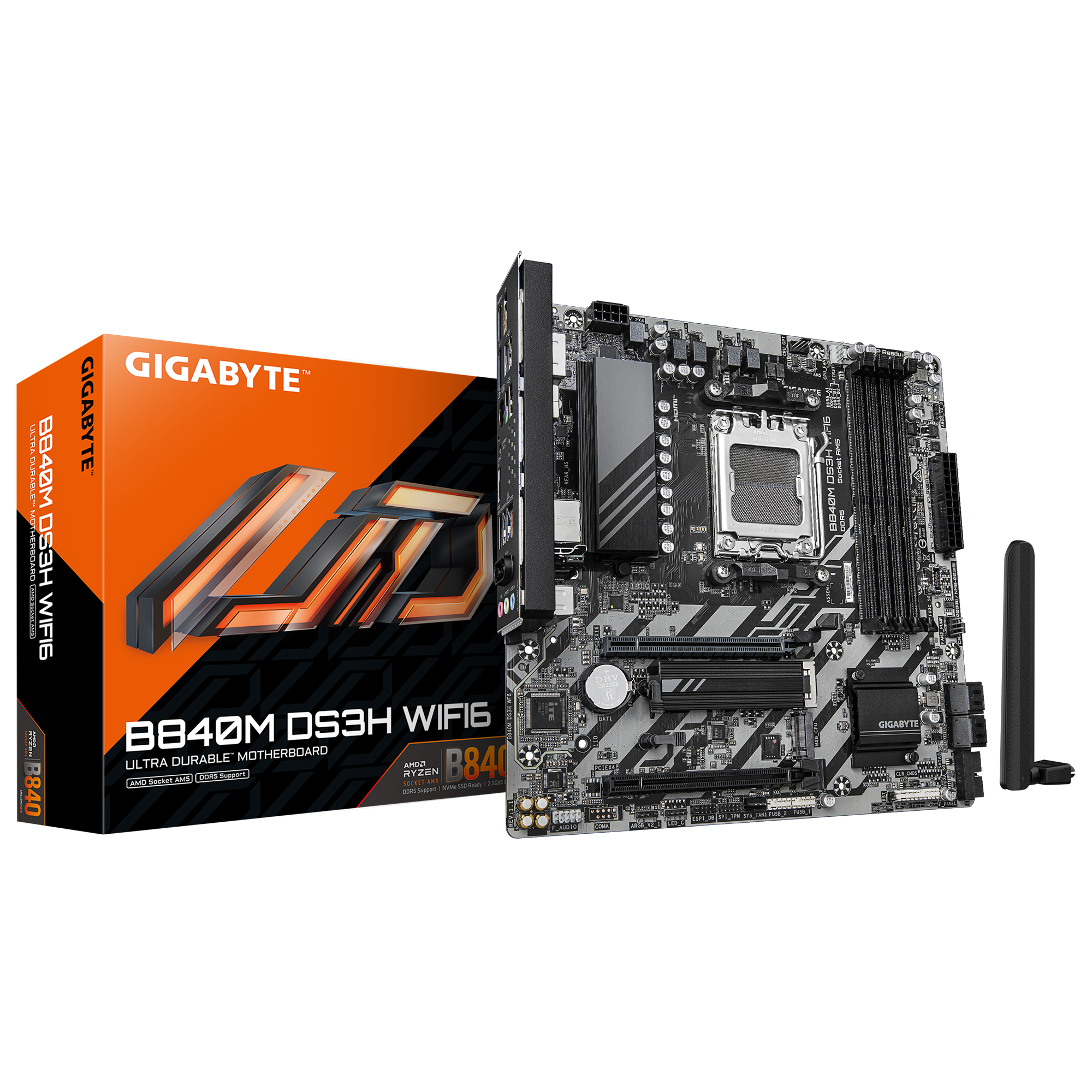 Gigabyte B840M DS3H WIFI6 (rev. 1.1) - Processor family AMD - Processor socket AM5 - DDR5 - Supported hard disk drive interfaces SATA, M.2 - Number of SATA connectors 4