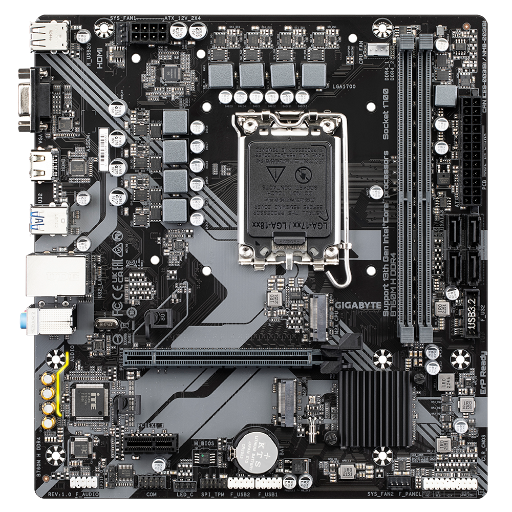 Gigabyte - B760M H DDR4 1.0 M/B - Processor family Intel - Processor socket LGA1700 - DDR4 DIMM - Memory slots 2 - Supported hard disk drive interfaces SATA, M.2 - Number of SATA connectors 4 - Chipset Intel B760 Express - Micro ATX